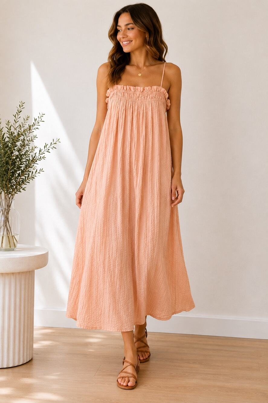 H&M Peach Textured Smocked Maxi Dress Size S